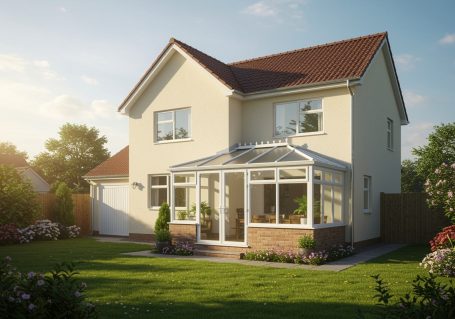 Helles Einfamilienhaus mit Wintergarten und gepflegtem Garten in der Abendsonne.