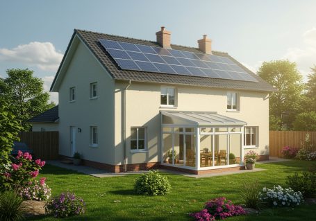 Ein modernes Haus mit Solarpanelen und einem Wintergarten, umgeben von Gartenpflanzen.