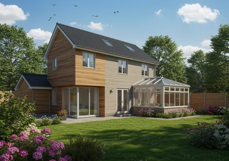 Modernes Haus mit Garten, Terrasse und winterfestem Glasanbau, umgeben von Bäumen und Blumen.