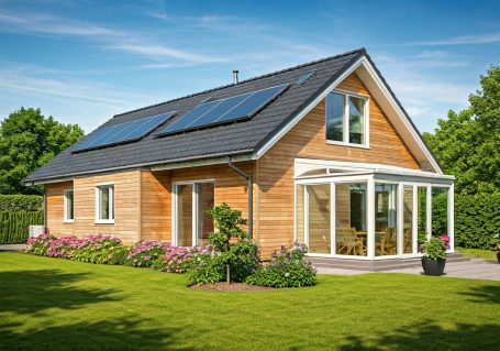 Ein modernes Holzhaus mit Solarpanelen und einem Wintergarten, umgeben von Gartenpflanzen.
